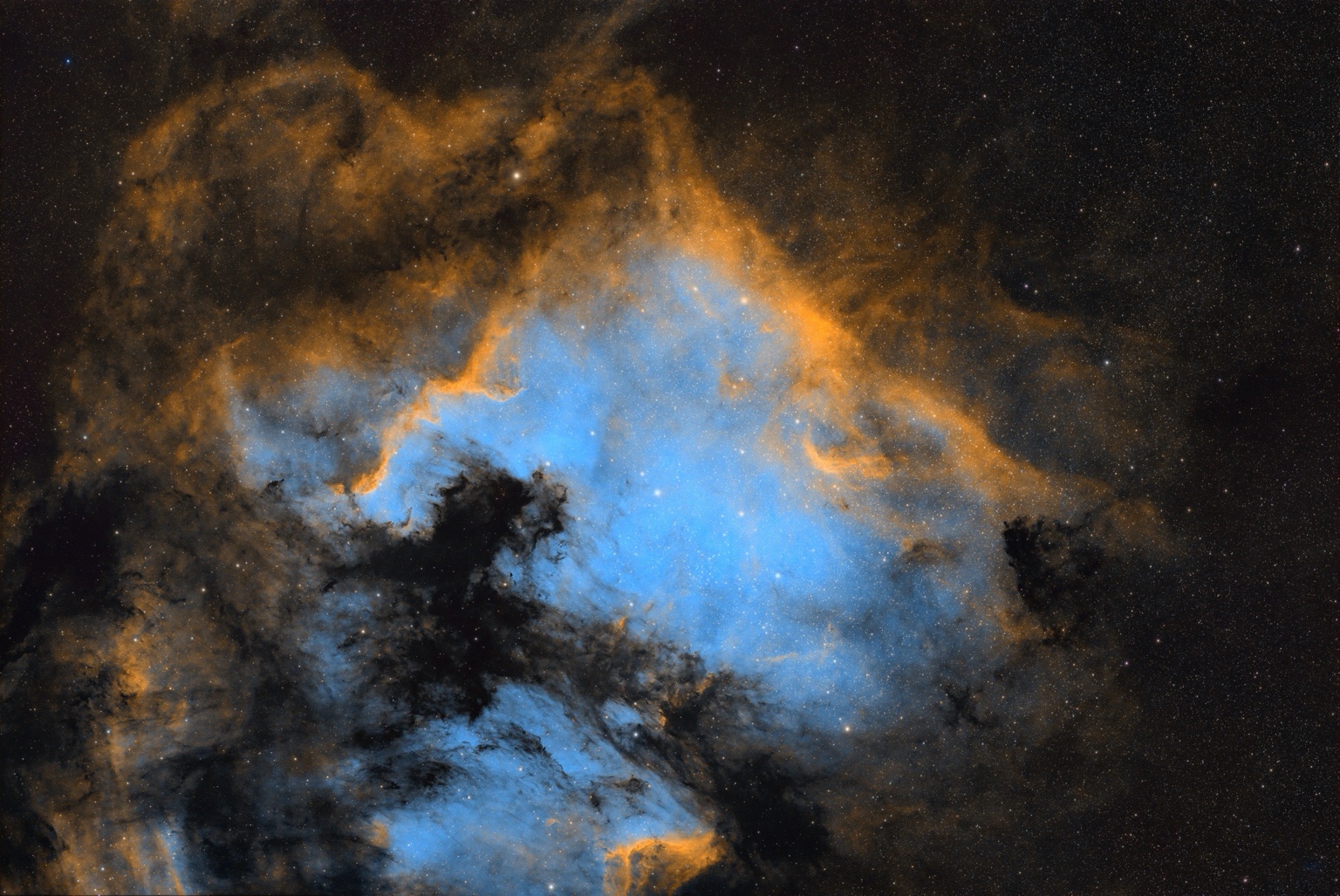 Nebula photograph in blue and gold with dark dust structures